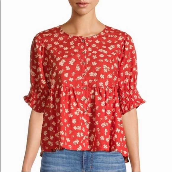 Madewell Puff Sleeve Floral Button- Front Top In Swiss Dot Happy Hibiscus size m - Picture 6 of 8